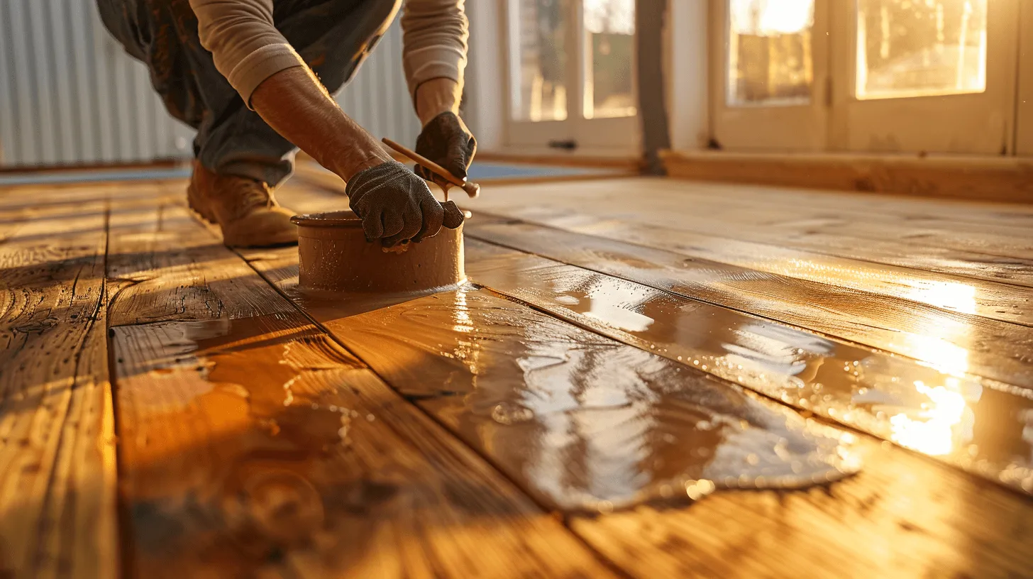 Cross-section of wood floor with workers applying a high-performance finish — Best floor sealers for high-traffic rooms.